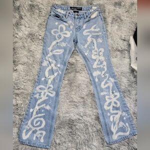 Squeeze Denim Flare Jeans with White Bleach Patterns And Rhinestones Size 3/4